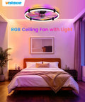 Sleek 24 Inch Rgb Ceiling Fan With Built In Lights And Wireless Remote, low profile flush mount setup in a cozy bedroom.