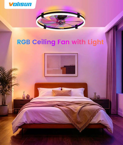 Sleek 24 Inch Rgb Ceiling Fan With Built In Lights And Wireless Remote, low profile flush mount setup in a cozy bedroom.