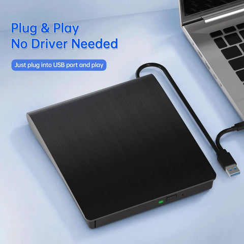Ultra Portable External Blu Ray Drive With USB 3.0 And Type C For Mac And Windows, No Fuss Plug And Play, Fast 6X Blu Ray, 8X DVD, 24X CD Read Write, Up To 5Gbps USB Speed, Lightweight 0.9 Pound, Ready To Roll, black USB external drive beside laptop
