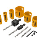DEWALT bi-metal hole saw kit with orange-yellow saws, arbors and drill bits for wood metal and plastic