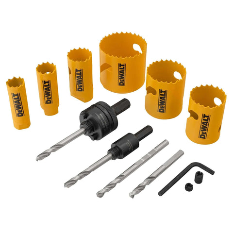 DEWALT bi-metal hole saw kit with orange-yellow saws, arbors and drill bits for wood metal and plastic