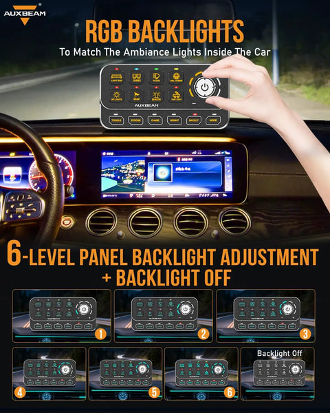 8 Gang Switch Panel With Rotary Knob And RGB Backlit Control in car dashboard for 6-level backlight adjustment and triggers