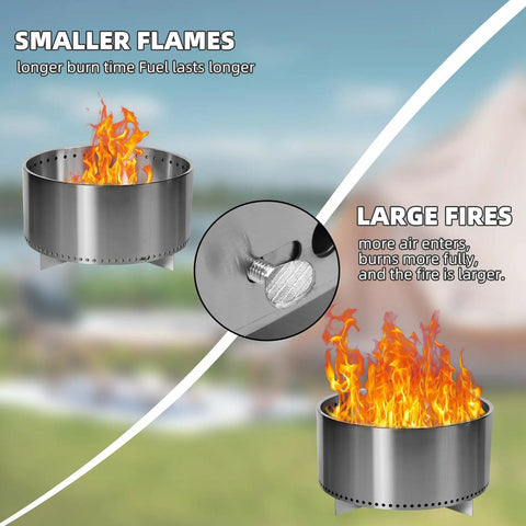 Smokeless Fire Pit For Outdoors, Portable Wood Burning Camping Stove With Removable Stand And Ash Pan, flame size control displayed