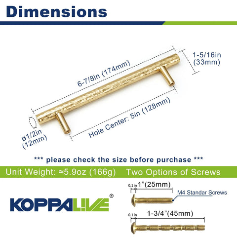 Top Shelf Six Pack Solid Brass T Bar Cabinet Pulls Hella Durable Gold Hardware For Kitchens And Dressers Clean Hammered Polish With Five Inch Center Spacing dimensions and screw options.