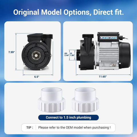 Top Rated Hot Tub Circulation Pump Runs Like A Champ With Smooth Sixty Three Gpm Flow And Solid 230V Power For Dependable Spa Maintenance Straight Up Upgrade For Any Backyard Setup Now, showing dimensions and plumbing options.