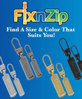 Image of FixNZip zipper pull replacements in silver, gold, and black variants for zipper repair.