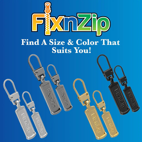Image of FixNZip zipper pull replacements in silver, gold, and black variants for zipper repair.