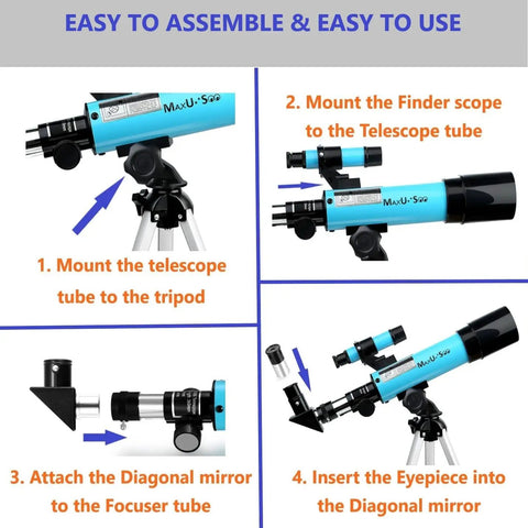 Kids Moon Telescope For Beginners With Finder Scope And 3 Eyepieces, Portable Refractor Telescope Kit For Stargazing, Bird Watching, Travel Binoculars Included, Easy Setup For Family Astronomy Nights. Blue refractor telescope assembly steps with tripod, finder scope, diagonal mirror, and eyepiece.