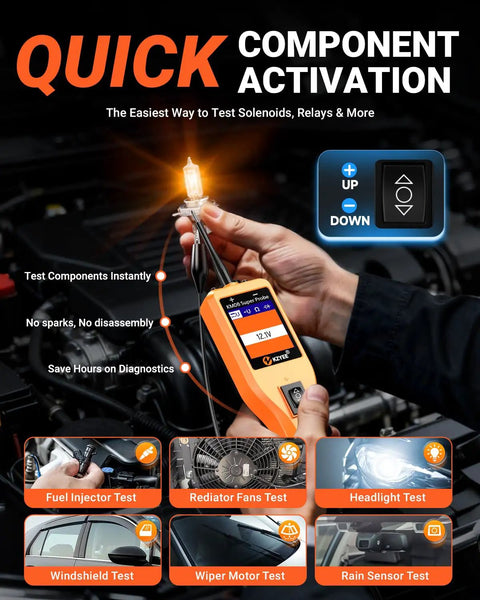 Person using Essential Power Circuit Probe Kit For 8-35V Automotive Systems, 4 Mode Electric Diagnostic Tool in engine bay