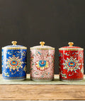 Premium Ceramic Tea And Coffee Canisters Keep Your Daily Stash Locked Down With True Airtight Sealed Lids in three vibrant colors.