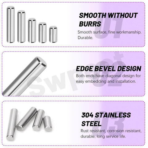 Stainless Steel Dowel Pin Kit 110 Piece Set M2 M3 M4 M5 304 Grade For Shelf Support and Industrial Maintenance, smooth surface, edge bevel design