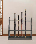 Six Hole Floor Standing Sword Display Rack With Adjustable Top And Bottom Plates, holding swords vertically in a room