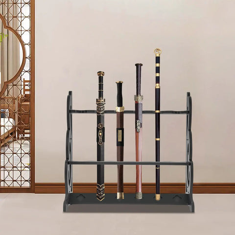 Six Hole Floor Standing Sword Display Rack With Adjustable Top And Bottom Plates, holding swords vertically in a room