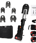 60KN Pro Press Tool Kit With 18V Battery And Charger Electric Crimping Wrench for copper pipe, includes tool, jaws, and case.