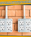 Eight-Pack 4x4 Metal Electrical Boxes Kit With Duplex Receptacles, 1/2 Inch Knockouts shown mounted on a brick wall