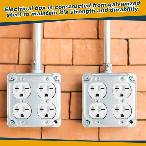 Eight-Pack 4x4 Metal Electrical Boxes Kit With Duplex Receptacles, 1/2 Inch Knockouts shown mounted on a brick wall
