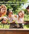 Family using 14 Pcs Seed Dispenser Set for Garden Hand Planter and Seeder Tool with Dibber, Hole Puncher, and Labels outdoors.