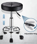 Round Rolling Stool With Wheels Height Adjustable Swivel Chair For Spa Salon Massage Black Comfy PU Leather Esthetician Stool With 360 Degree Rotation Easy To Clean Five Wheel Mobility features adjustable height lever.