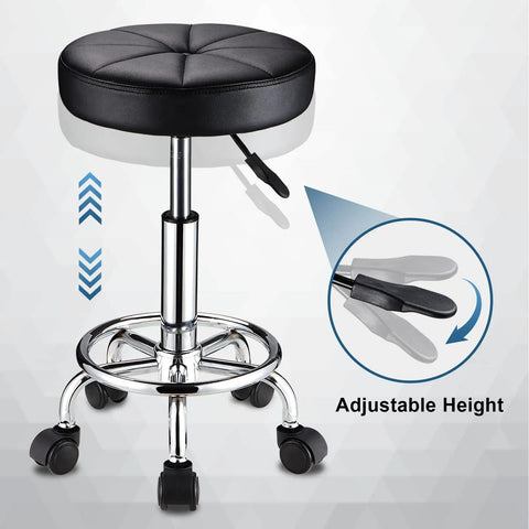Round Rolling Stool With Wheels Height Adjustable Swivel Chair For Spa Salon Massage Black Comfy PU Leather Esthetician Stool With 360 Degree Rotation Easy To Clean Five Wheel Mobility features adjustable height lever.