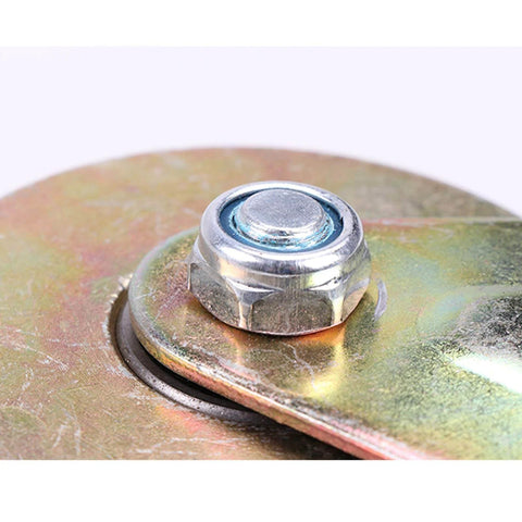 Close-up of Beefy Heavy Duty Sliding Gate Roller With Steel V Shaped Wheel Dual Bearing Track Rail Caster For Inverted Track Industrial Gate Systems And Rolling Gates 119mm 4.7in showing dual bearing.