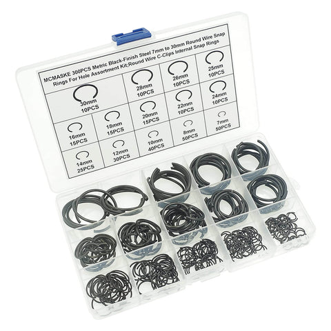 300 Piece Metric Round Wire Internal Snap Ring Assortment Kit In Carbon Spring Steel With Black Finish Includes 14 Bore Sizes From 7mm To 30mm