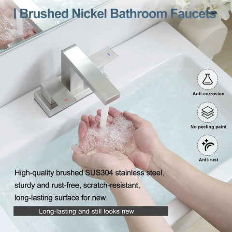 4 Inch Brushed Nickel Centerset Bathroom Faucet With Pop Up Drain, 2 Handle, Fits 2 Or 3 Hole Sinks, Stainless Steel Build