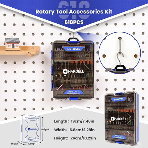 Kickass 618 Piece Rotary Tool Accessories Kit For Sand Polish Engrave And Cut Jobs in a rugged storage case on a pegboard.