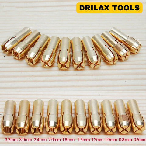 10 Piece Brass Collet Set For Dremel Rotary Tools Fits 0.5mm To 3.2mm Bits And 1/8 Inch Shank displayed on wooden surface