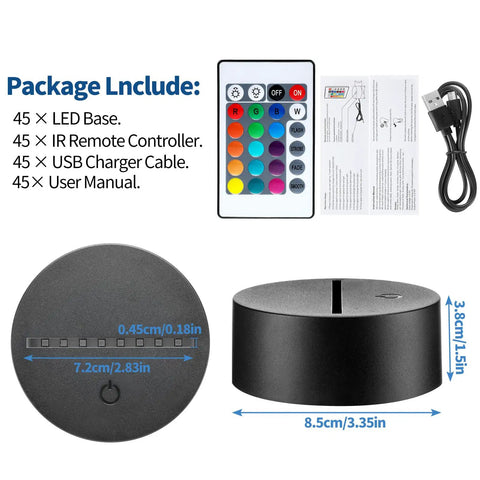 Package contents of 45 Piece 3D Night LED Light Lamp Bases With Remote And USB Cable; includes base, remote, cable, user manual.