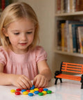 Child playing beside Two Pack 1 To 30 Scale Miniature Park Benches, In Classic Brown And Black Painted Finish, realistic decor.