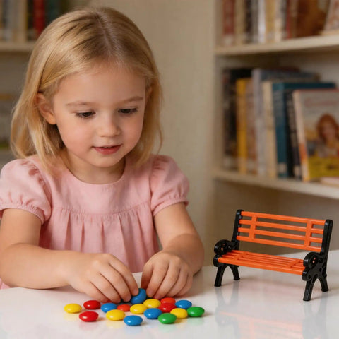 Child playing beside Two Pack 1 To 30 Scale Miniature Park Benches, In Classic Brown And Black Painted Finish, realistic decor.