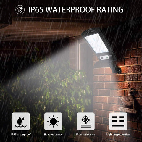 2 Pack Solar Street Lights Outdoor With 120 LED Ultra Bright Motion Sensor Remote Control IP65 Waterproof Wireless Wall Light For Garden Street Deck Yard Garage Patio No Fuss Easy Setup, IP65 waterproof rating during rain.