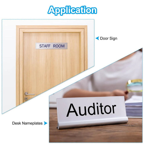 8x2 Inch Blank Name Plates 20 Pack For Laser Engraving used as door sign and desk nameplate with 'Staff Room' and 'Auditor' text.