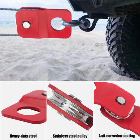 Heavy Duty Snatch Block Winch Pulley 8000 LBS Recovery Kit For Trucks ATV SUV UTV Off Road Towing With Synthetic Rope And Steel Cable 4 Ton Capacity Ready For Hardcore Recovery Situations, red steel pulley on truck hitch