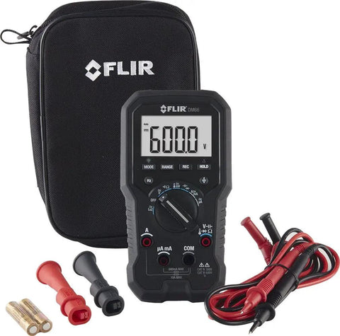 DM66 TRMS Multimeter For Electricians And Field Techs With VFD Mode Non Contact Voltage Detection displayed with case and probes