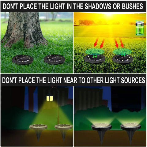 Solar Powered Outdoor LED Disk Lights 8 Pack IP68 Waterproof Non Slip Wear Resistant Pathway Lights Warm White For Garden Driveway Yard Campground And Patio placement guide
