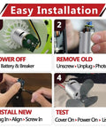 Installation steps for 2 Pack 12V DC RV Fan Motor Replacement Kit, showing removal and installation process.