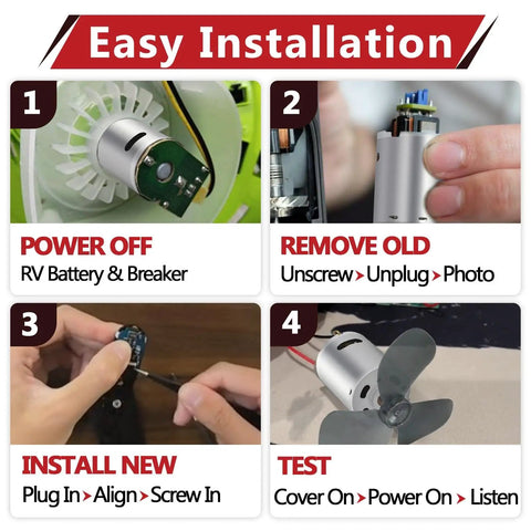 Installation steps for 2 Pack 12V DC RV Fan Motor Replacement Kit, showing removal and installation process.