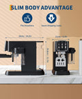 Top Shelf 20 Bar Espresso Machine With Bright Touch Panel For Six One Touch Drinks And Smooth Milk Frother Compact Brewer dimensions with sleek design.