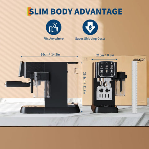 Top Shelf 20 Bar Espresso Machine With Bright Touch Panel For Six One Touch Drinks And Smooth Milk Frother Compact Brewer dimensions with sleek design.