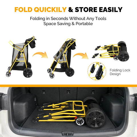Heavy Duty Beach Cart With 11 Inch Solid Wheels folded and stored in car trunk