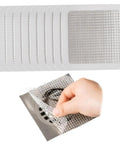 Disposable Hair Drain Stickers 10Pcs 5x5 Fine Mesh Covers with hand applying one to a drain.