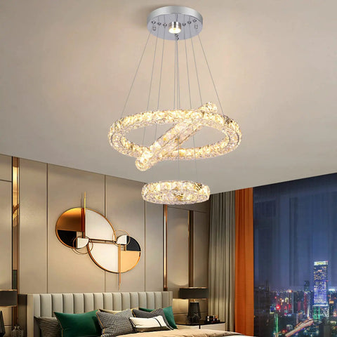 Three Ring Modern Crystal Flush Mount Chandelier With Changeable LED Color Temperature Adjustable 15.7 11.8 7.8 Inches mounted in a bedroom.