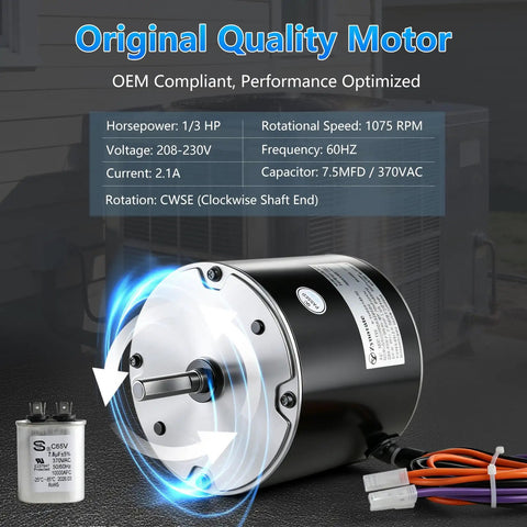 Premium Condenser Fan Motor 1/3 HP 1075 RPM 208 230V AC Replacement Component showcasing motor details and connections.