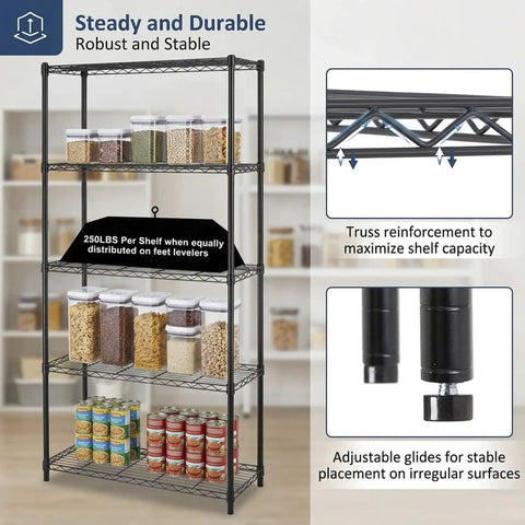 Rock Solid Five Tier Heavy Duty Wire Shelving Unit With Adjustable Metal Storage Shelves For Garage Closet Pantry, Black Corrosion Resistant Rack Holds Two Hundred Fifty Pounds Per Shelf Built To Last