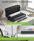 Pro Grade Vacuum Sealer With Built In Cutter And Bag Storage 90kPa Strong Vacuum on kitchen counter open with bag roll visible