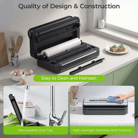 Pro Grade Vacuum Sealer With Built In Cutter And Bag Storage 90kPa Strong Vacuum on kitchen counter open with bag roll visible
