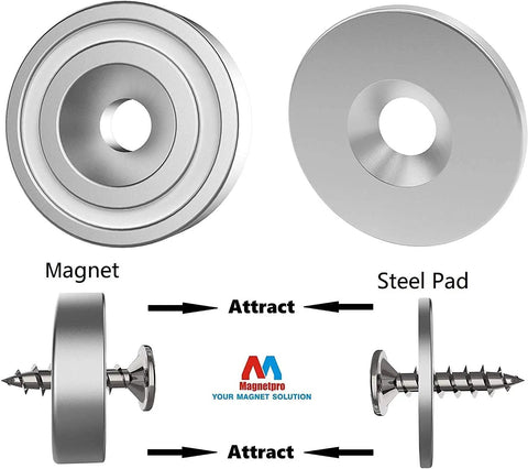 Heavy Duty 12 Pack Neodymium Pot Magnets With Countersunk Holes, Each 0.79 by 0.28 Inches, 25 Lb Pull shown with steel pads