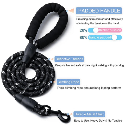 2 Pack Heavy Duty Dog Leashes With Padded Handle And Reflective Nylon Rope For Small Medium And Large Dogs, 5 Foot Length