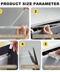 Step-by-step guide for Four Pack Sleek Cabinet Door Guards setup, showing peel and stick installation process.